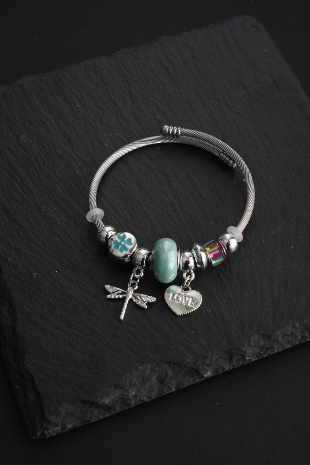Heart Charm Bangle Bracelet (Green)