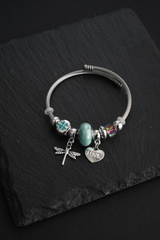 Heart Charm Bangle Bracelet (Green)