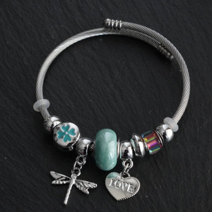 Heart Charm Bangle Bracelet (Green)